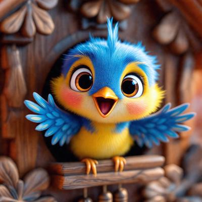 The primary subject of the image is a small, cute, and colorful bird, likely a blue bird, sitting in a wooden birdhouse. The bird appears to be smiling and enjoying its time in the cozy nest. The setting is a wooden birdhouse, and the visual style is a combination of photo and digital art. The colors and mood of the image are cheerful and warm, with the blue bird being the main focus of the scene.